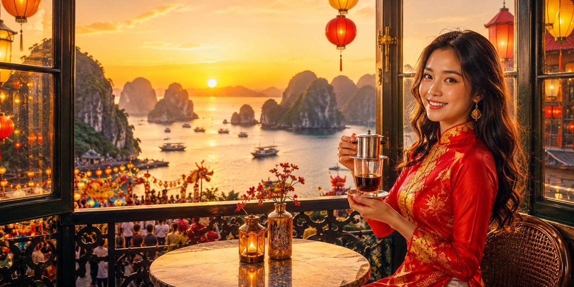 Khung cảnh Vịnh Hạ Long với người dùng thưởng thức cà phê và thực hiện giao dịch tài chính trực tuyến